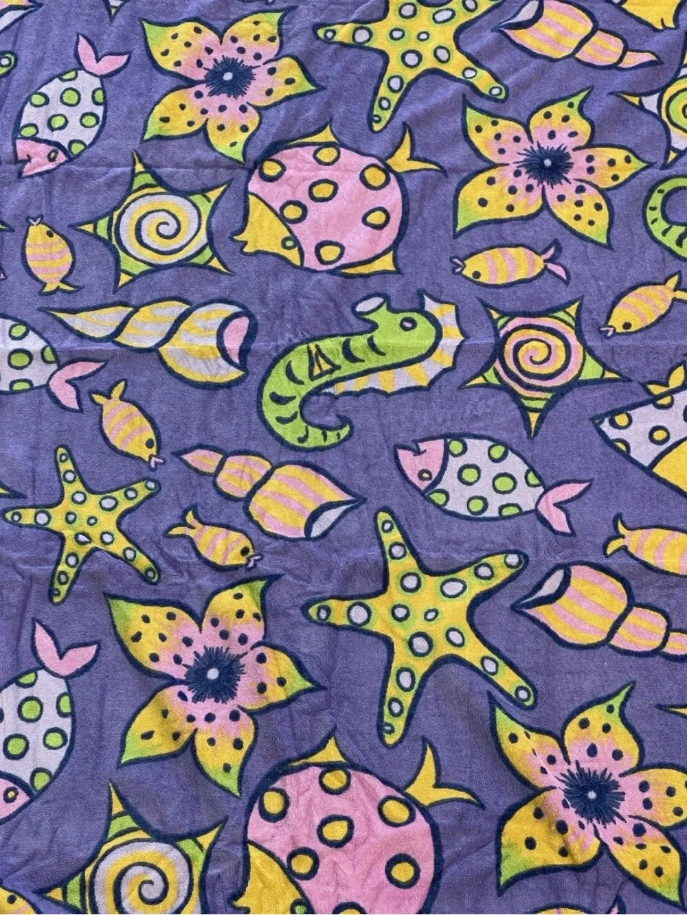 VGT Terrisol Giant Beach Towel Blanket Nautical Fish Purple Green 66” x 66” HTF